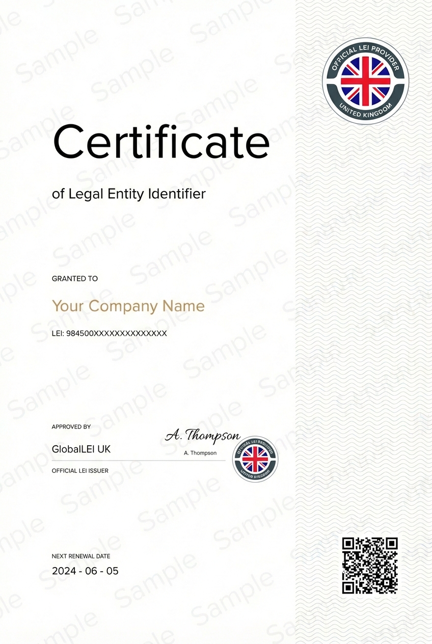 Sample LEI certificate preview